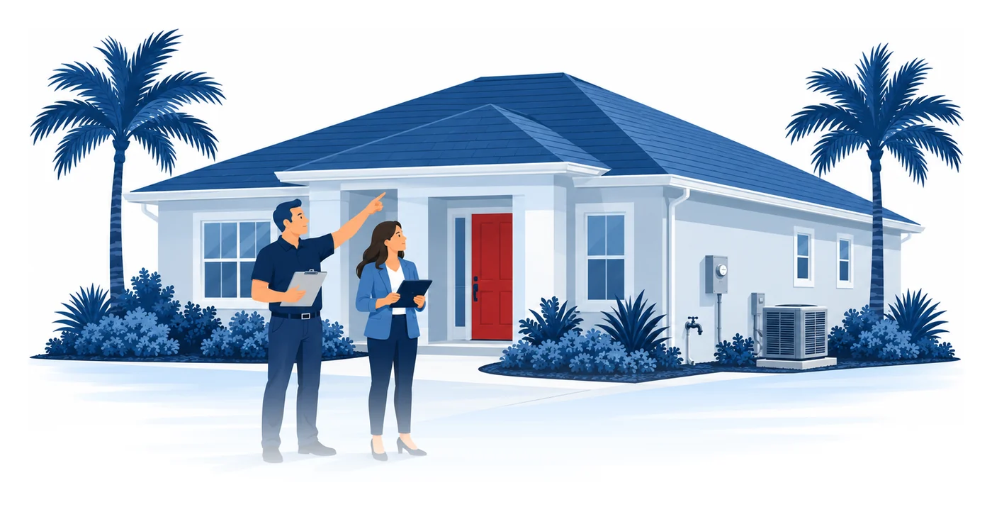 A home inspector with a clipboard points at the roof of a Florida home while a realtor with a tablet looks on