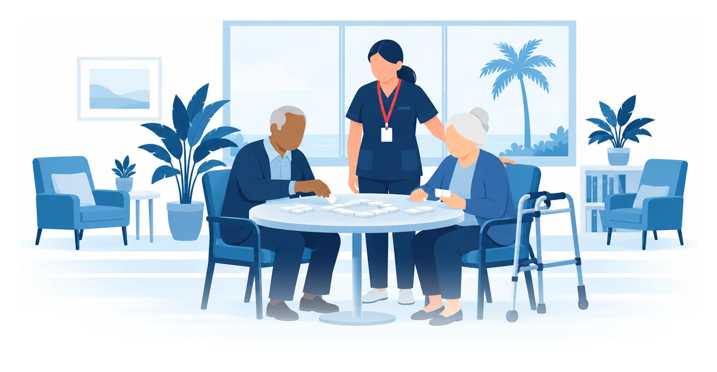 Two older adults playing dominoes at a table while a caregiver stands beside them in a bright activity room, flat vector adult day care insurance illustration