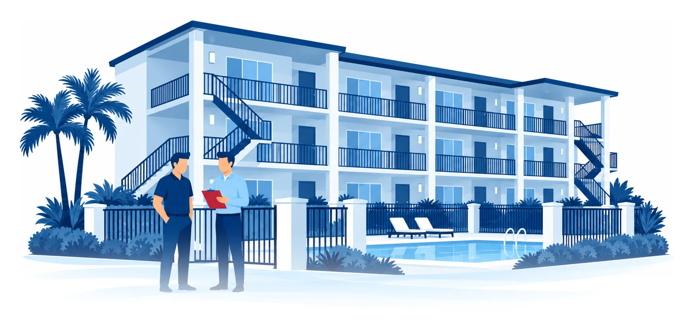 Un dueño y una administradora revisan una tablilla en el portón de un edificio de apartamentos de tres pisos con piscina en Florida, ilustración vectorial del seguro para edificios de apartamentos