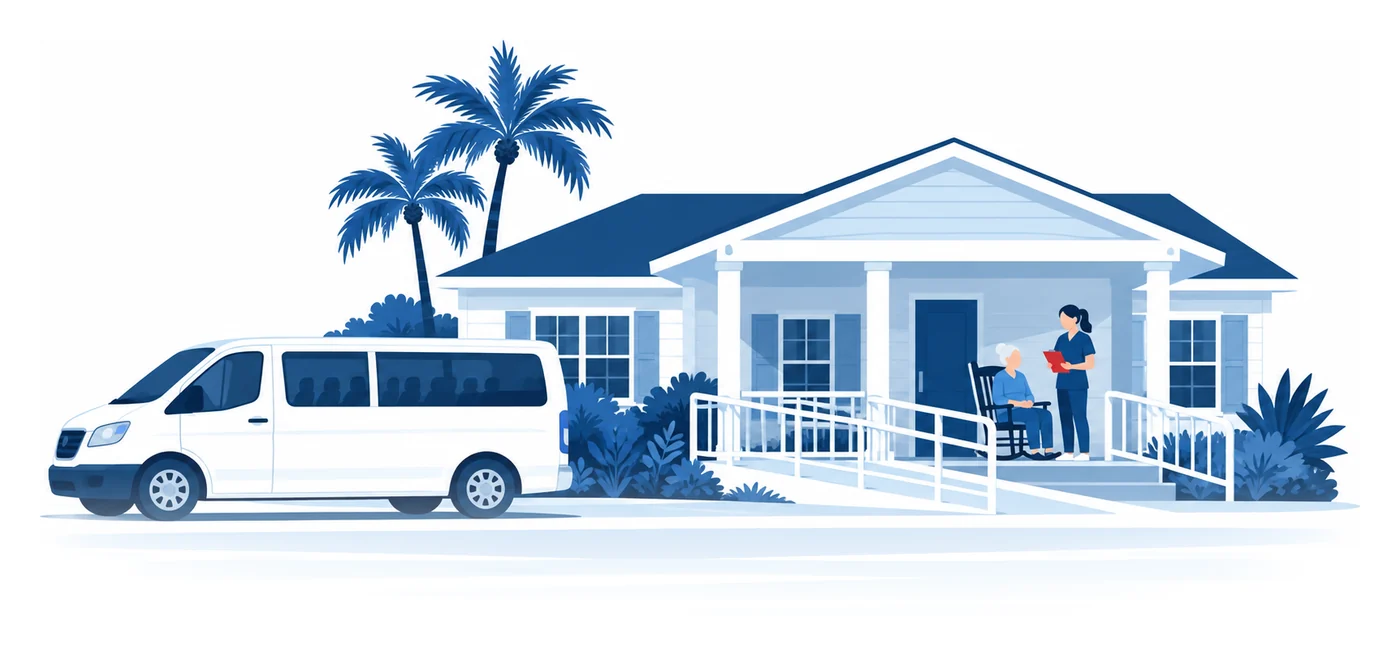 A caregiver with a clipboard beside a resident in a rocking chair on the porch of a Florida assisted living home, a van parked at the curb, flat vector assisted living facility insurance illustration