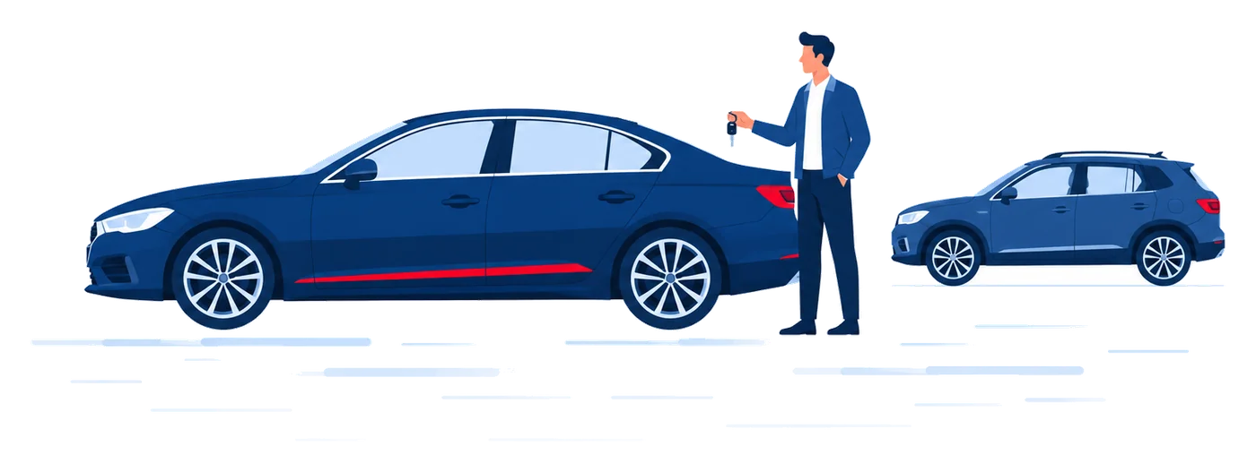 Sedan and SUV with driver holding keys, flat vector illustration for Florida auto insurance