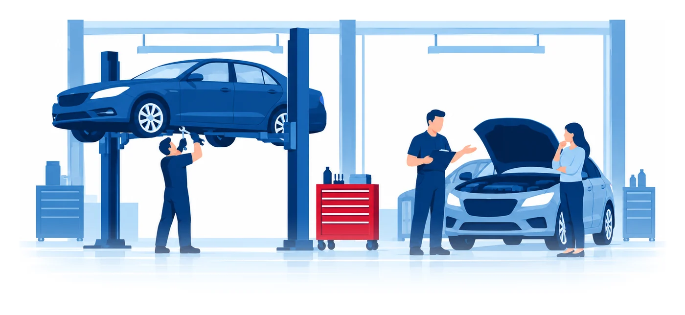 A mechanic working under a car on a lift while another mechanic talks with a customer in a two-bay Florida repair shop, flat vector auto repair shop insurance illustration
