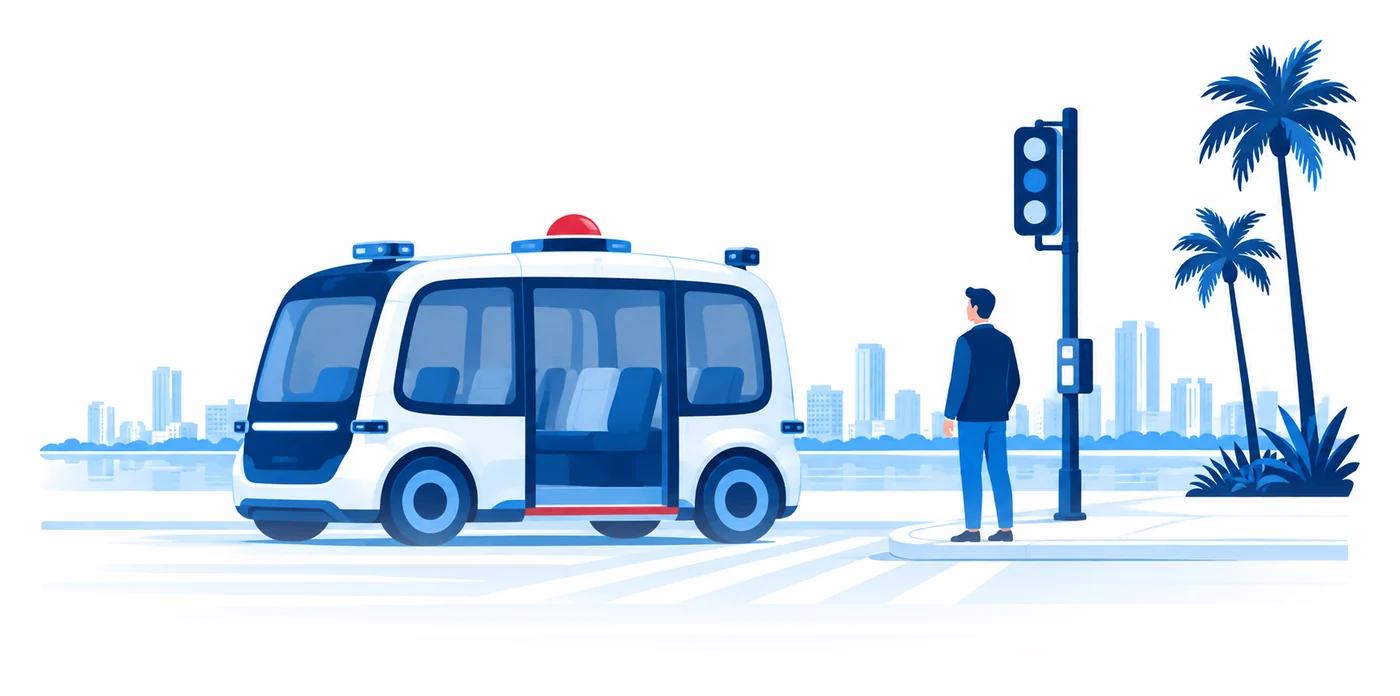 A driverless shuttle with a roof sensor dome stopped at a Florida crosswalk as a pedestrian waits, flat vector autonomous fleet insurance illustration