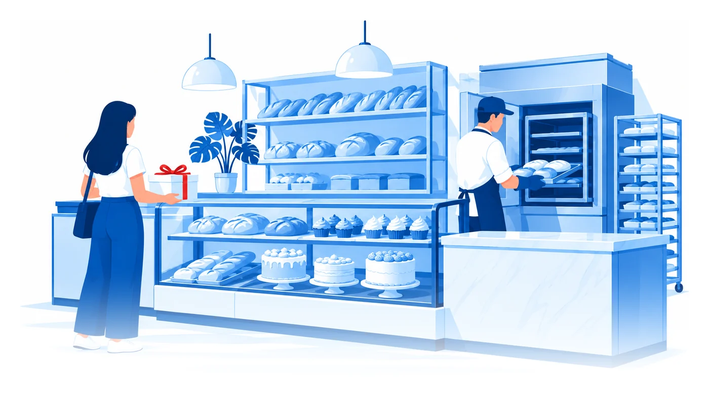 A baker pulling loaves from the oven behind a display case while a customer holds a cake box at the counter, flat vector bakery insurance illustration