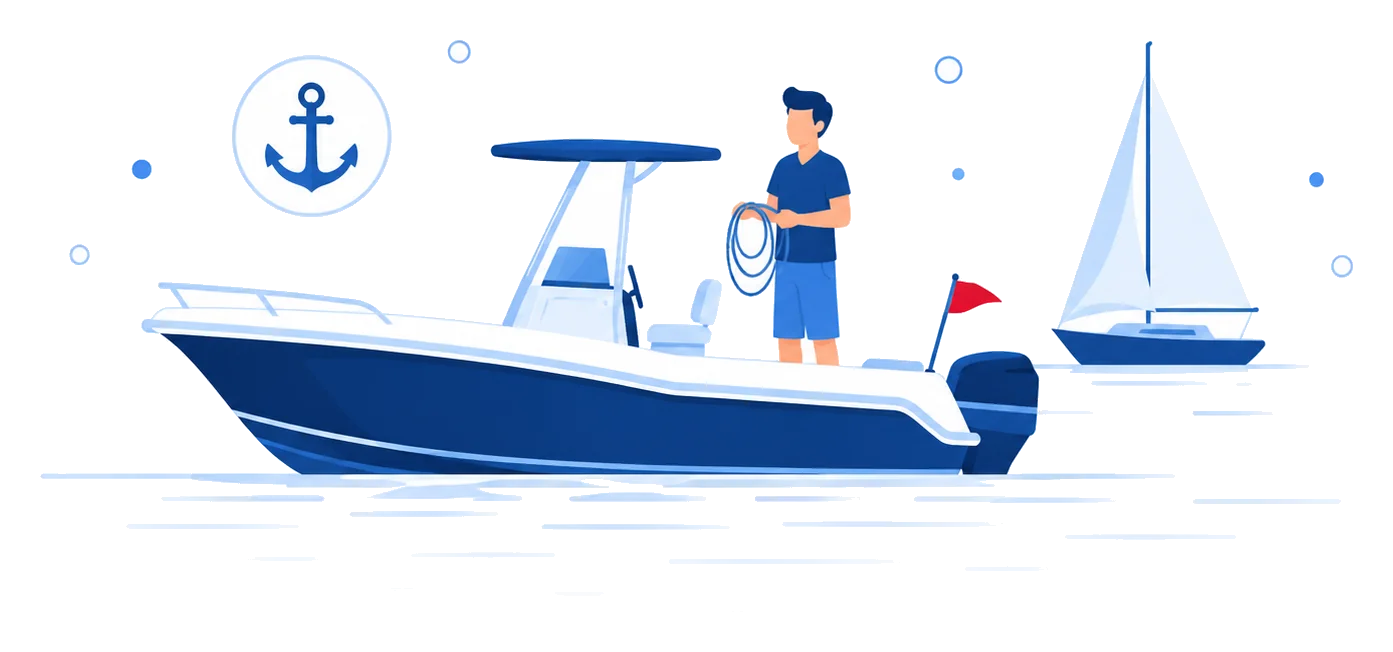 Center console boat with boater coiling rope and sailboat, flat vector Florida boat insurance illustration