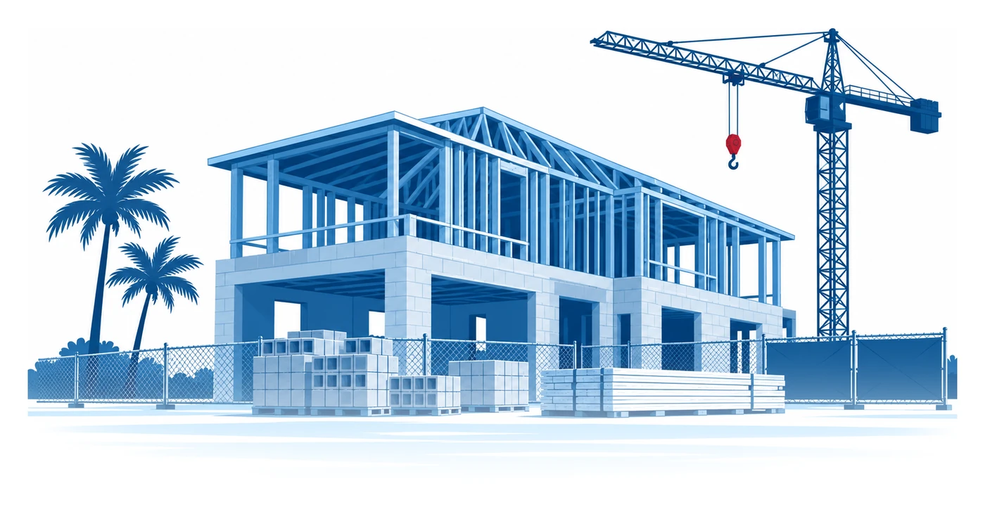 Un edificio de dos pisos en construcción con una grúa y materiales apilados detrás de la cerca de la obra, ilustración vectorial del seguro de riesgo de construcción