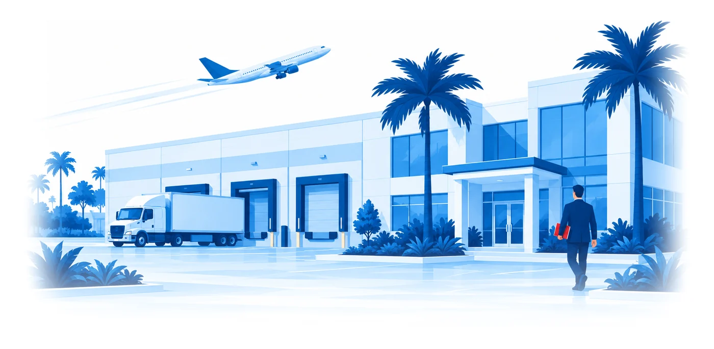 A business owner walks toward a glass office beside a warehouse with a box truck at the dock as a jet climbs overhead, flat vector illustration of business insurance in Doral, FL