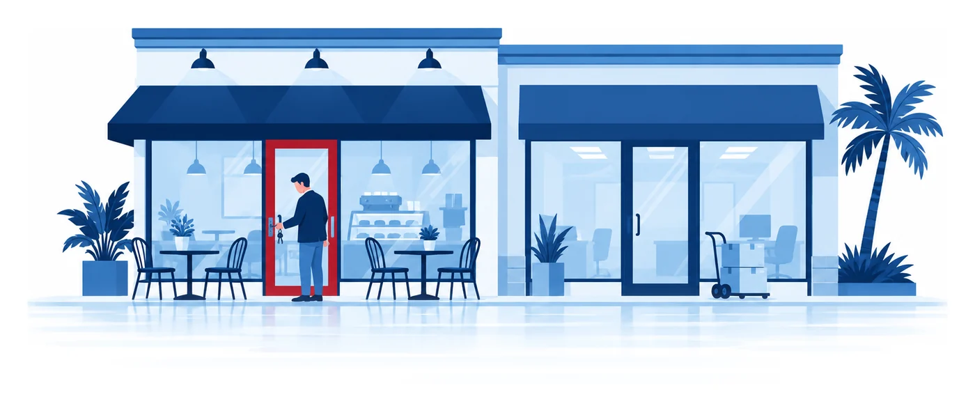Un dueño de negocio cierra la puerta de una pequeña cafetería junto a una oficina en el mismo local comercial en Florida, ilustración vectorial de la póliza para dueños de negocio