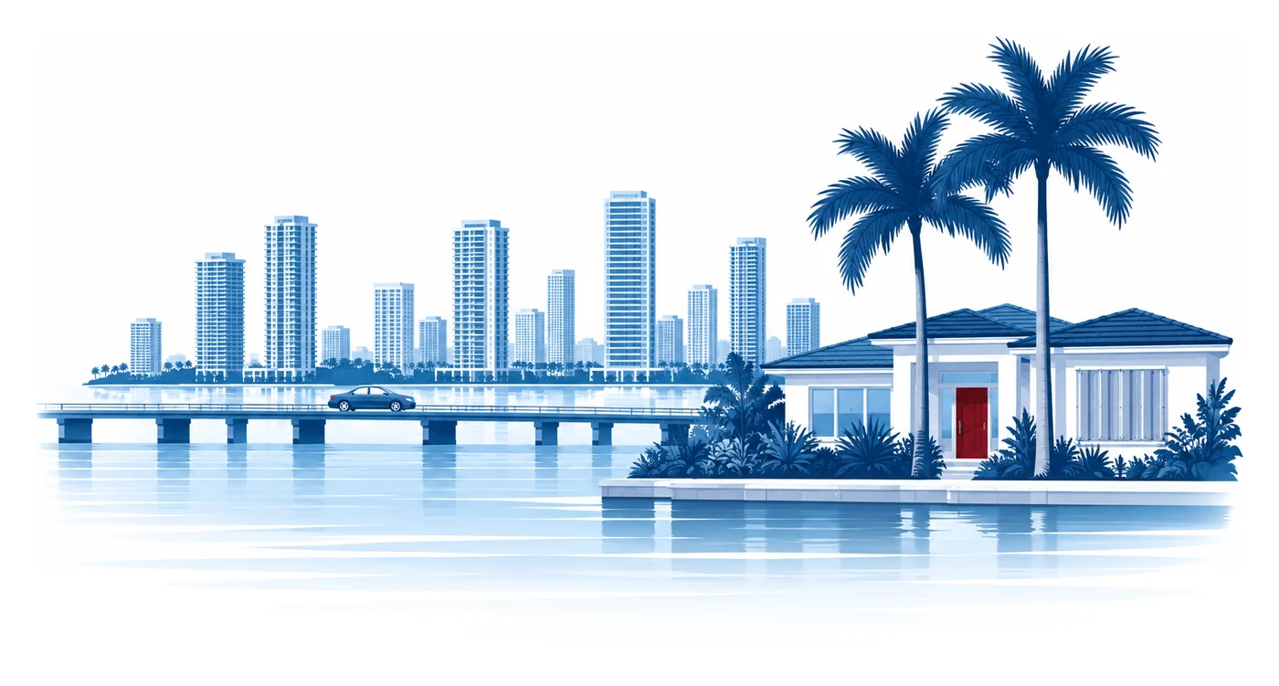 A sedan crosses a Miami causeway in front of high-rise towers while a stucco house with storm shutters and royal palms stands in the foreground, flat vector illustration of car and home insurance in Miami