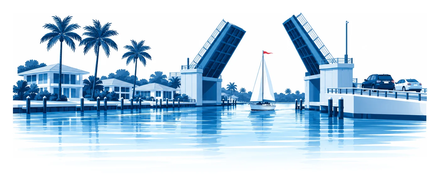 Two cars wait at a raised drawbridge while a sailboat passes through a Fort Lauderdale canal lined with waterfront homes, flat vector illustration of car insurance in Fort Lauderdale