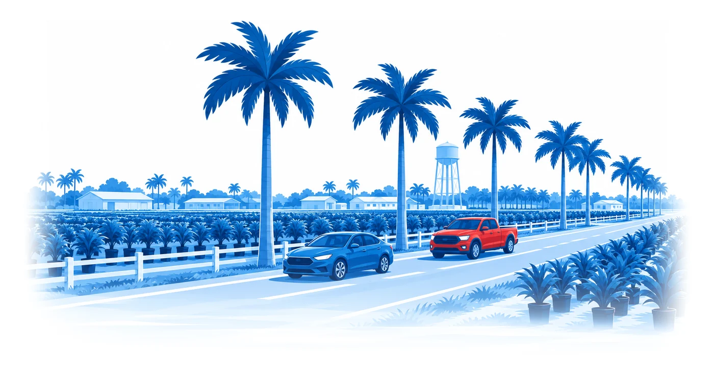 A sedan and a pickup truck drive a country road between nursery rows and royal palms near Homestead, flat vector illustration of car insurance in Homestead, FL