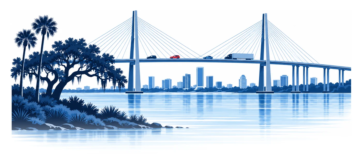 Cars and a tractor-trailer cross a cable-stayed bridge over a wide river in Jacksonville, flat vector illustration of car insurance quotes in Jacksonville, FL
