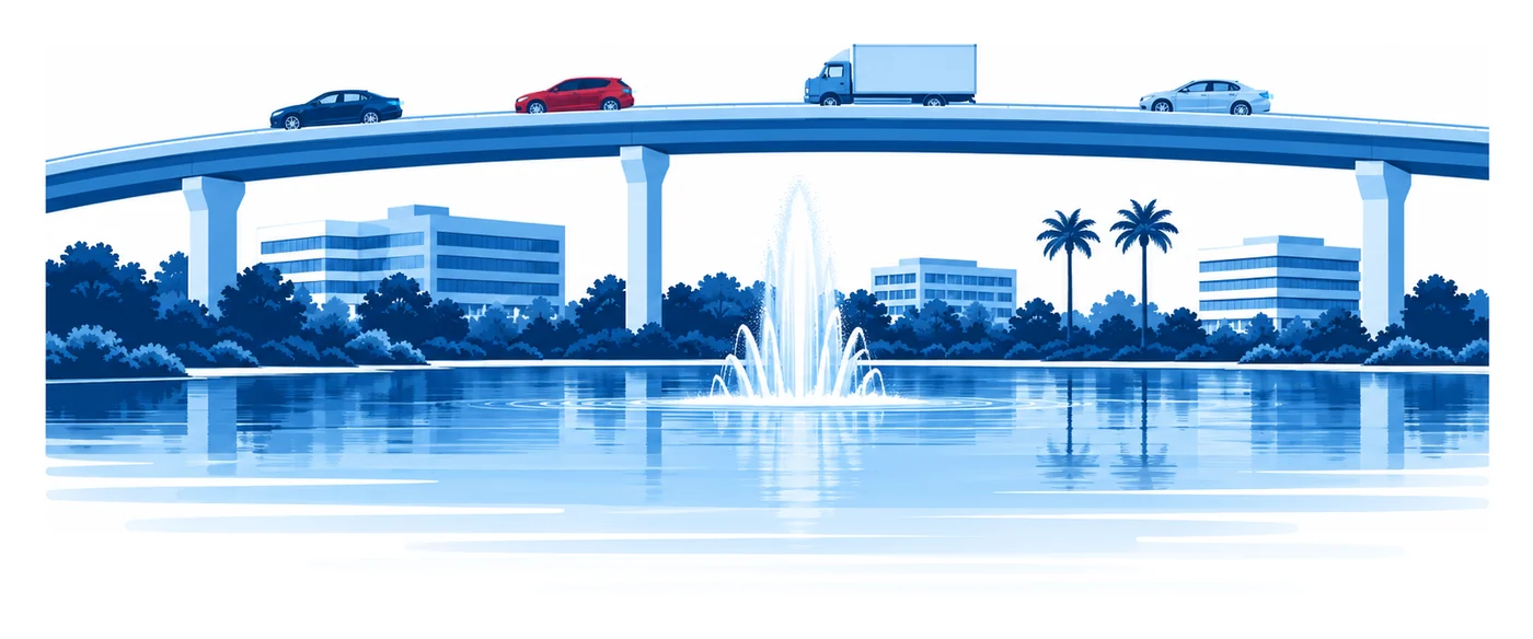 Cars and a delivery truck travel an elevated Orlando interstate above a lake with a fountain, flat vector illustration of car insurance in Orlando, FL
