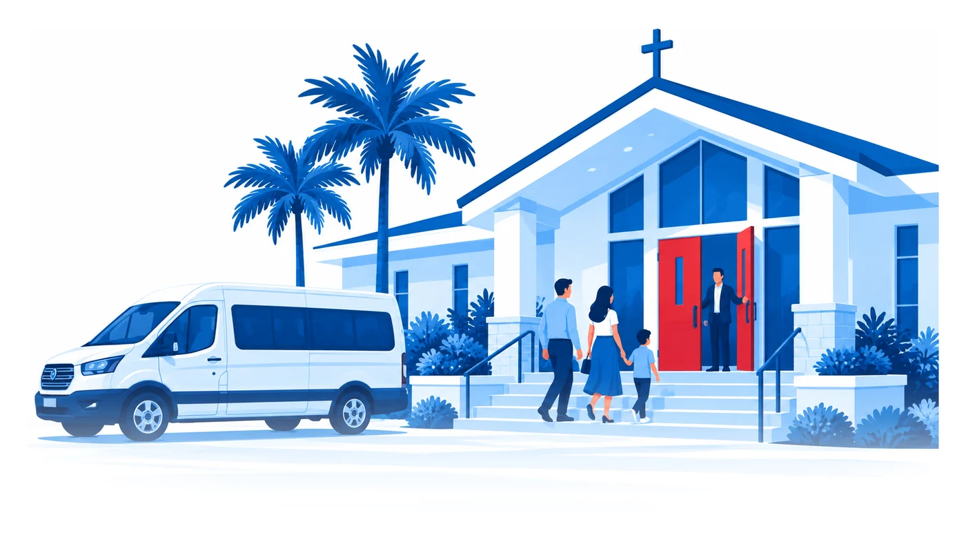 Una familia sube los escalones de una iglesia en Florida mientras un servidor sostiene la puerta, con la van de la iglesia estacionada al lado, ilustración vectorial del seguro para iglesias