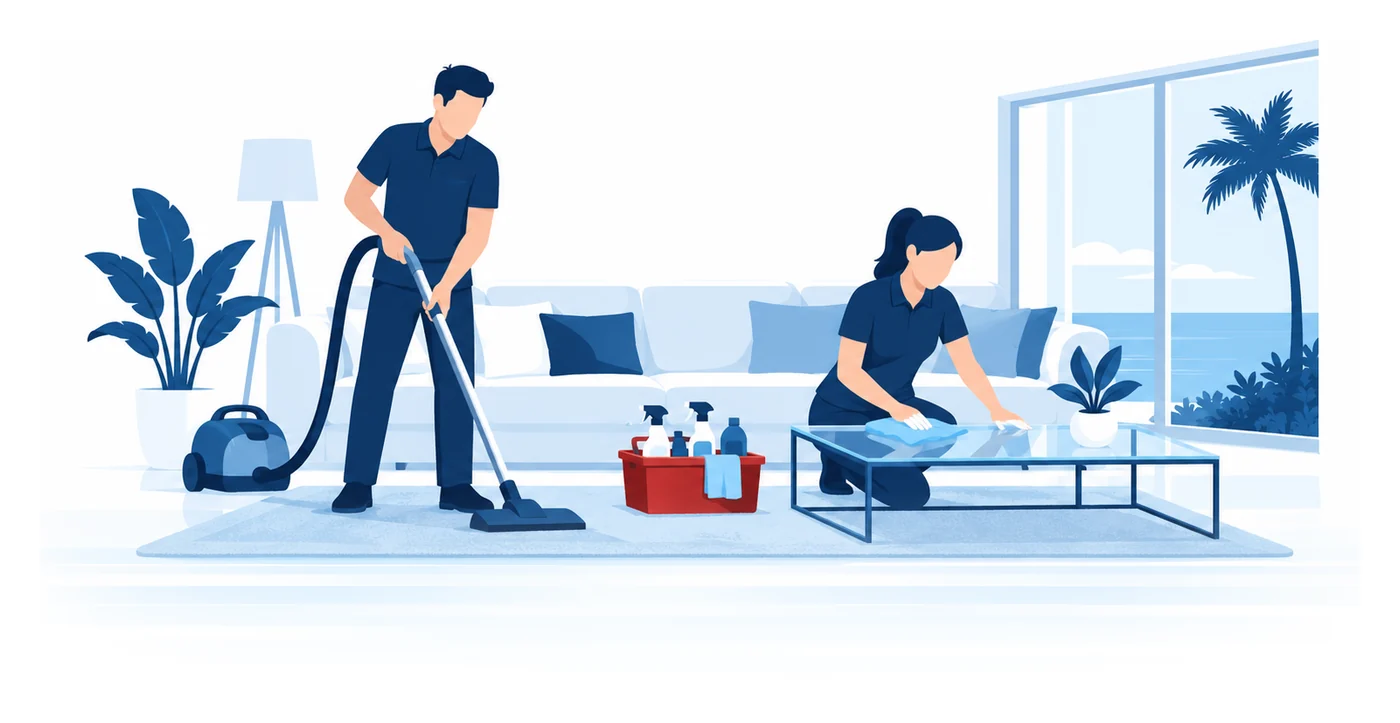 A two-person cleaning crew vacuuming a rug and wiping a coffee table in a Florida living room, flat vector cleaning business insurance illustration