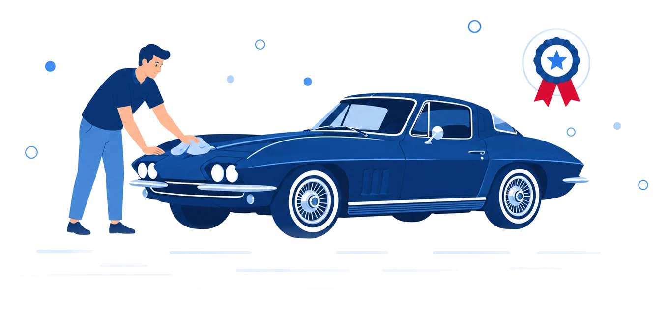 Dueño puliendo un auto clásico deportivo con roseta de premio, ilustración del seguro de autos clásicos