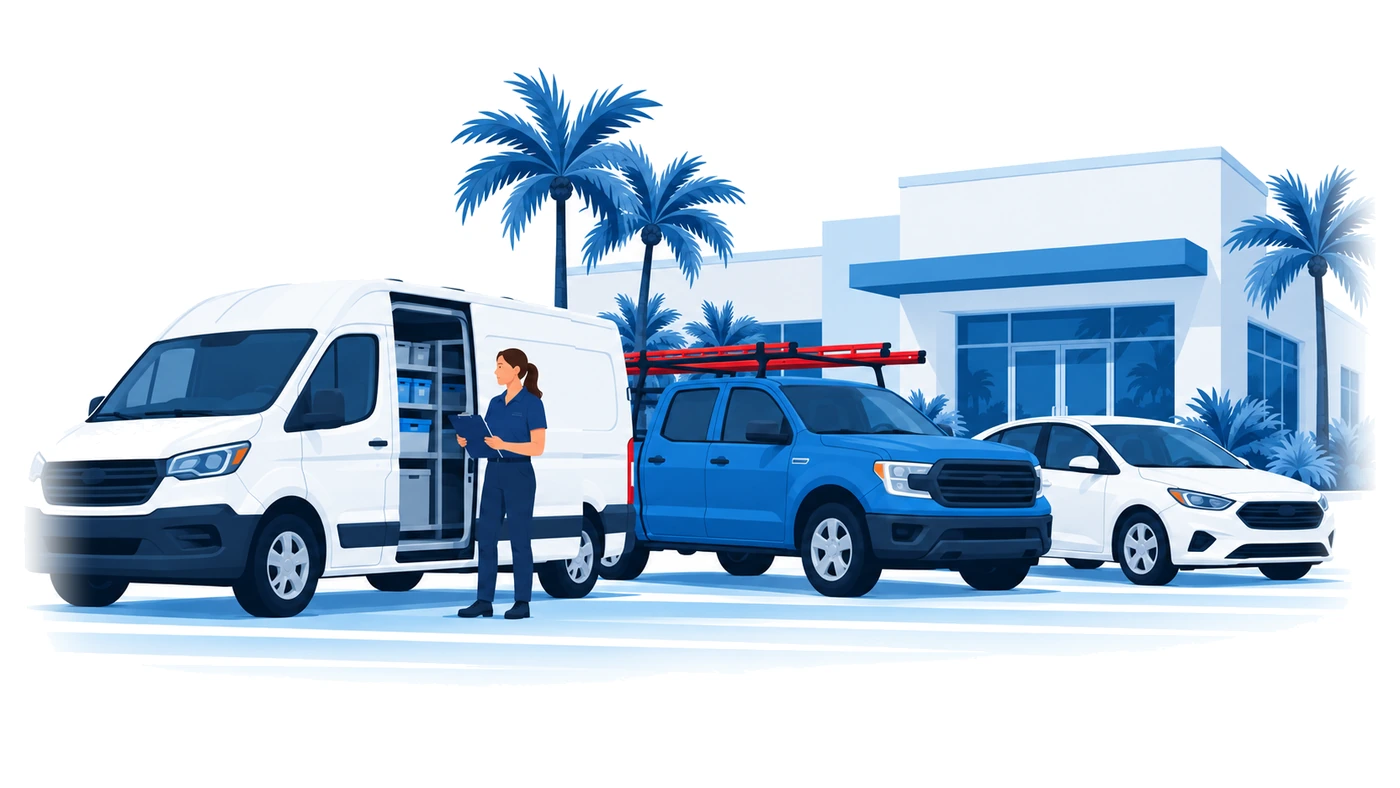 Una van de carga, una pickup y un carro de servicio afuera de un negocio en Florida con una encargada de flota con portapapeles, ilustración vectorial del seguro de auto comercial