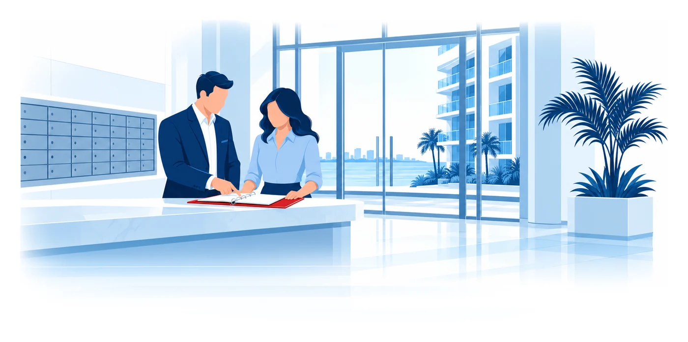 El presidente de la junta y una administradora revisan una carpeta en el vestíbulo de una torre de condominios frente a la bahía en Florida, ilustración vectorial del seguro para asociaciones de condominios