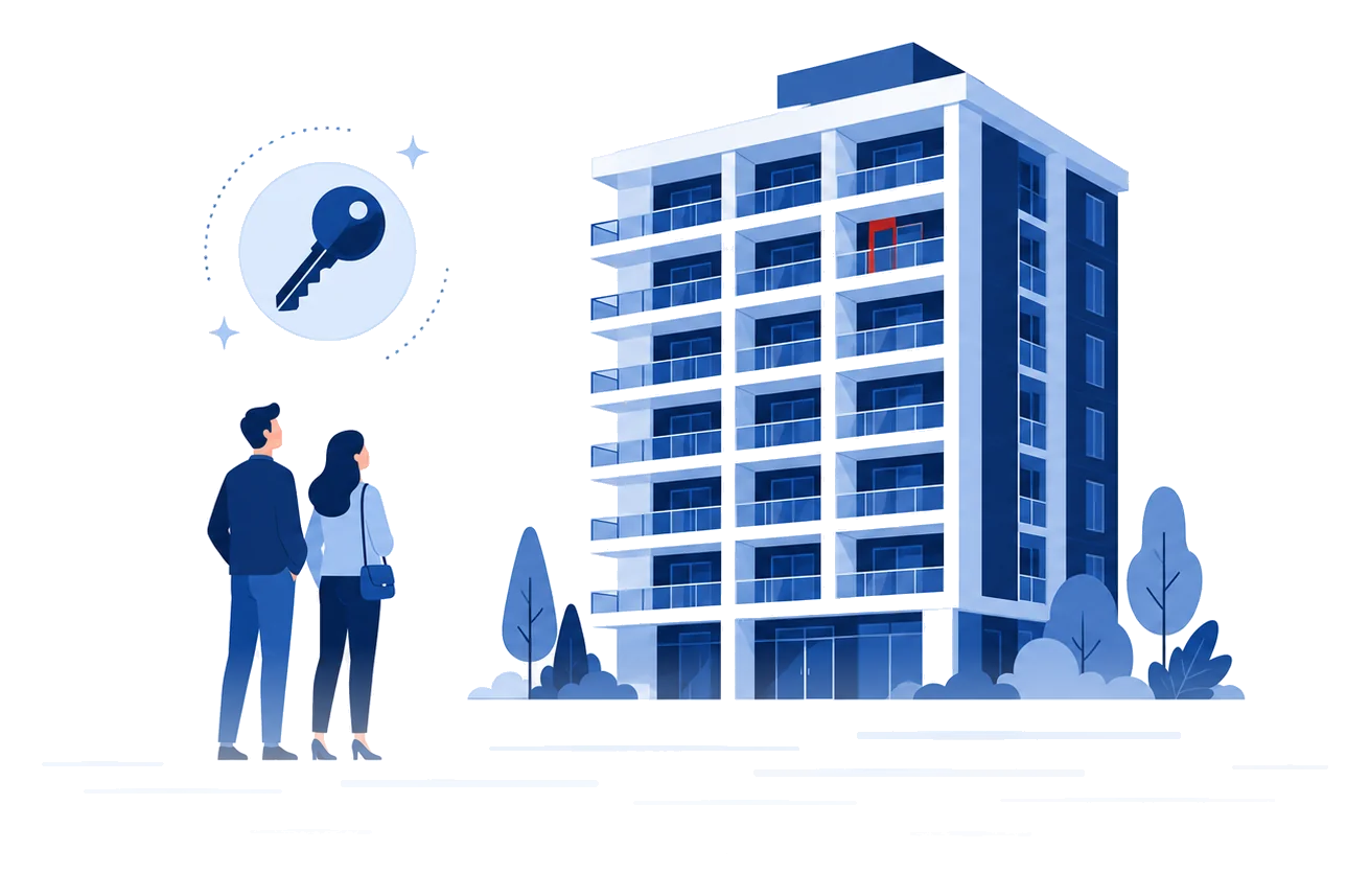Torre de condominios con pareja y emblema de llave, ilustración del seguro de condominio en Florida