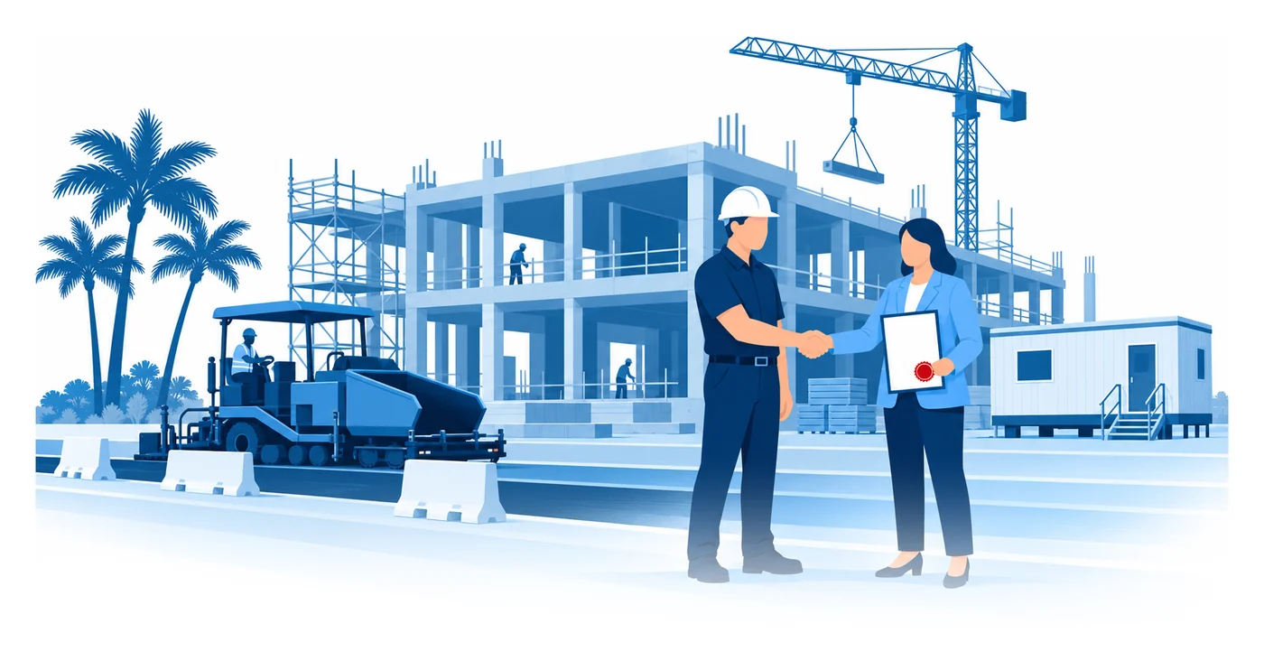 Un contratista y un funcionario público se dan la mano sobre un documento de fianza frente a un edificio público en construcción, ilustración vectorial de las fianzas de construcción