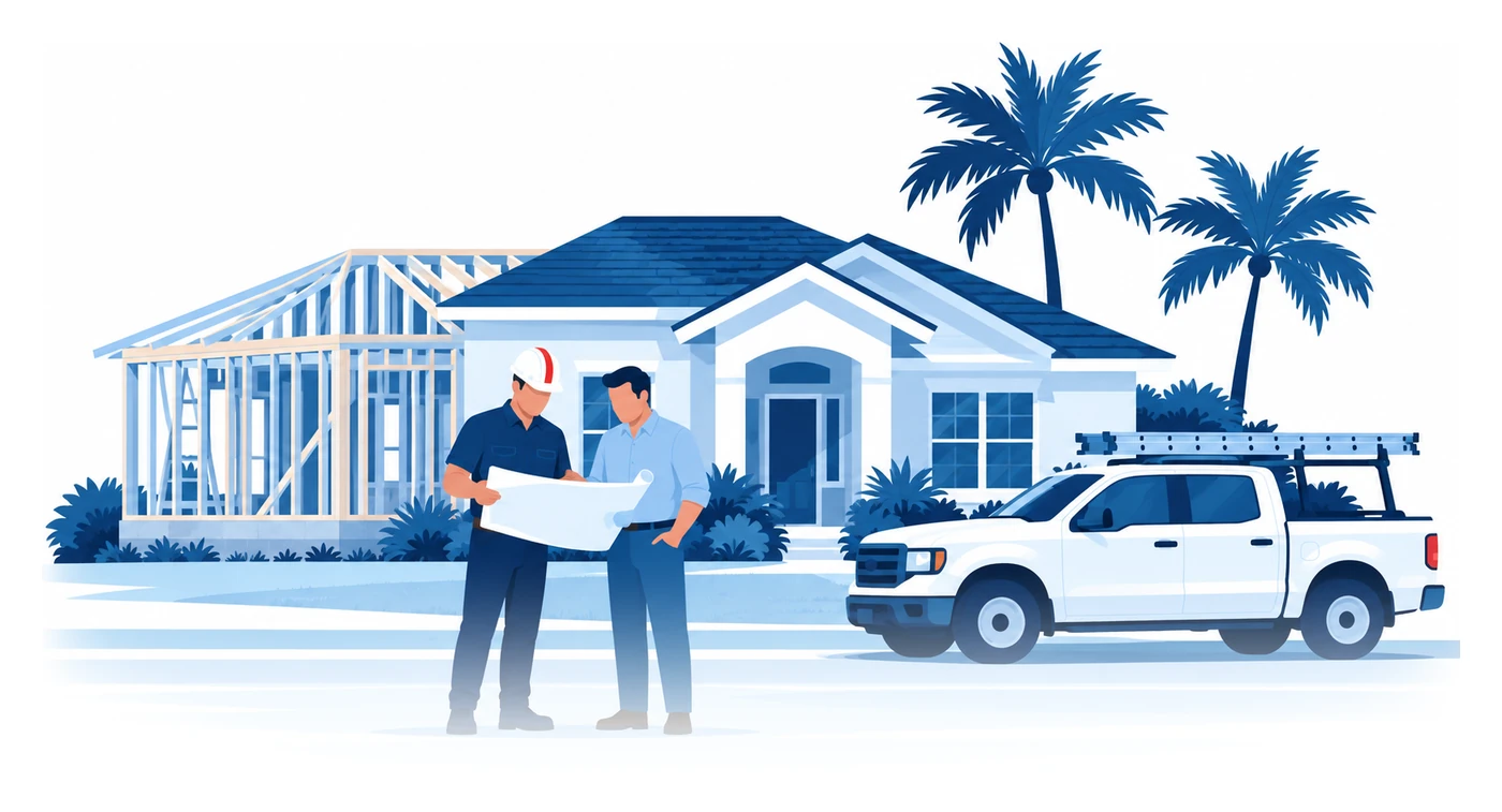 Un contratista revisa planos con una dueña de casa frente a una vivienda en remodelación en Florida, ilustración vectorial del seguro para contratistas