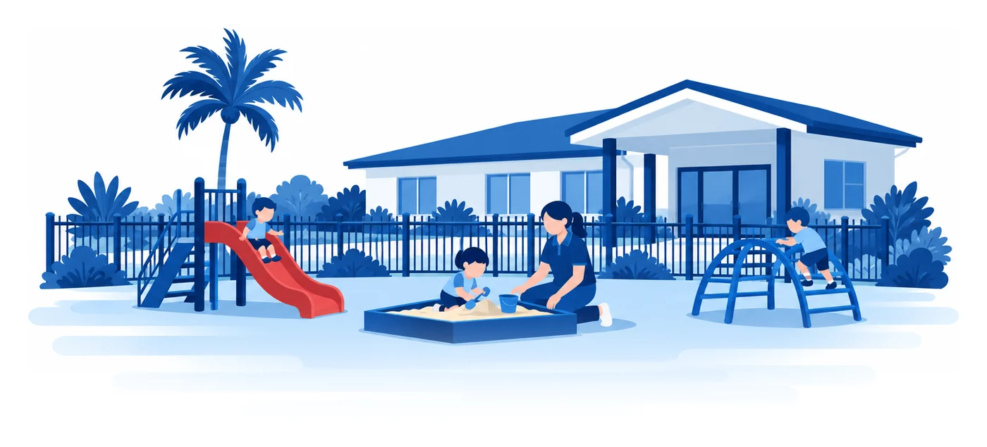 A teacher kneeling beside children on a fenced daycare playground with a slide and a sandbox, flat vector daycare insurance illustration
