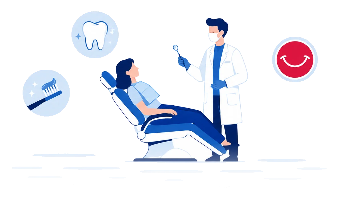 Dentist with patient in a dental chair with tooth and smile emblems, flat vector illustration