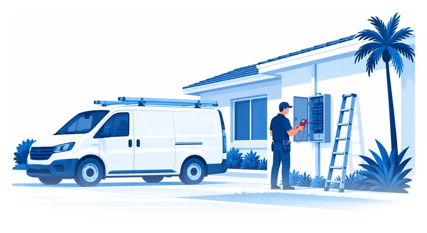 An electrician with a tester at an open panel on the wall of a Florida home, his work van parked beside him, flat vector electrician insurance illustration