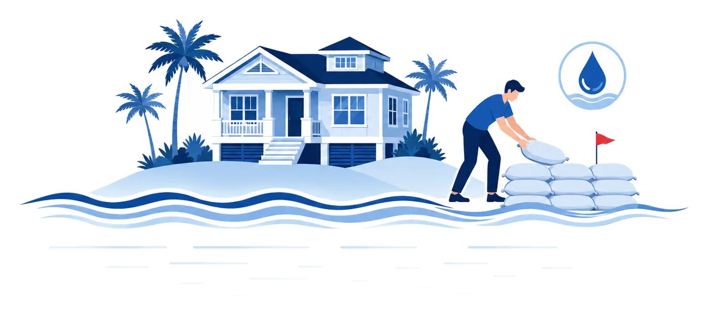 Casa elevada de Florida con sacos de arena y agua subiendo, ilustración del seguro de inundación