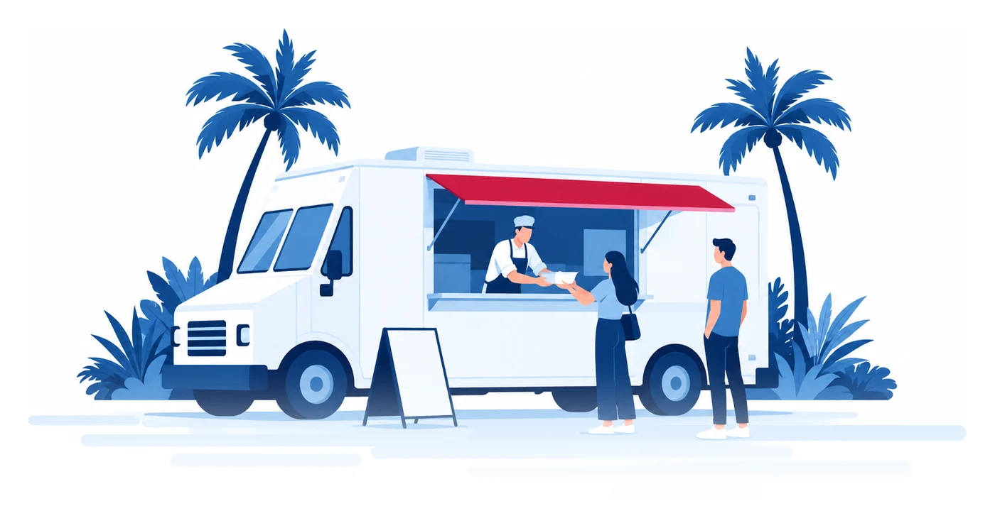 A cook handing food through the window of a parked Florida food truck to customers on the sidewalk, flat vector food truck insurance illustration
