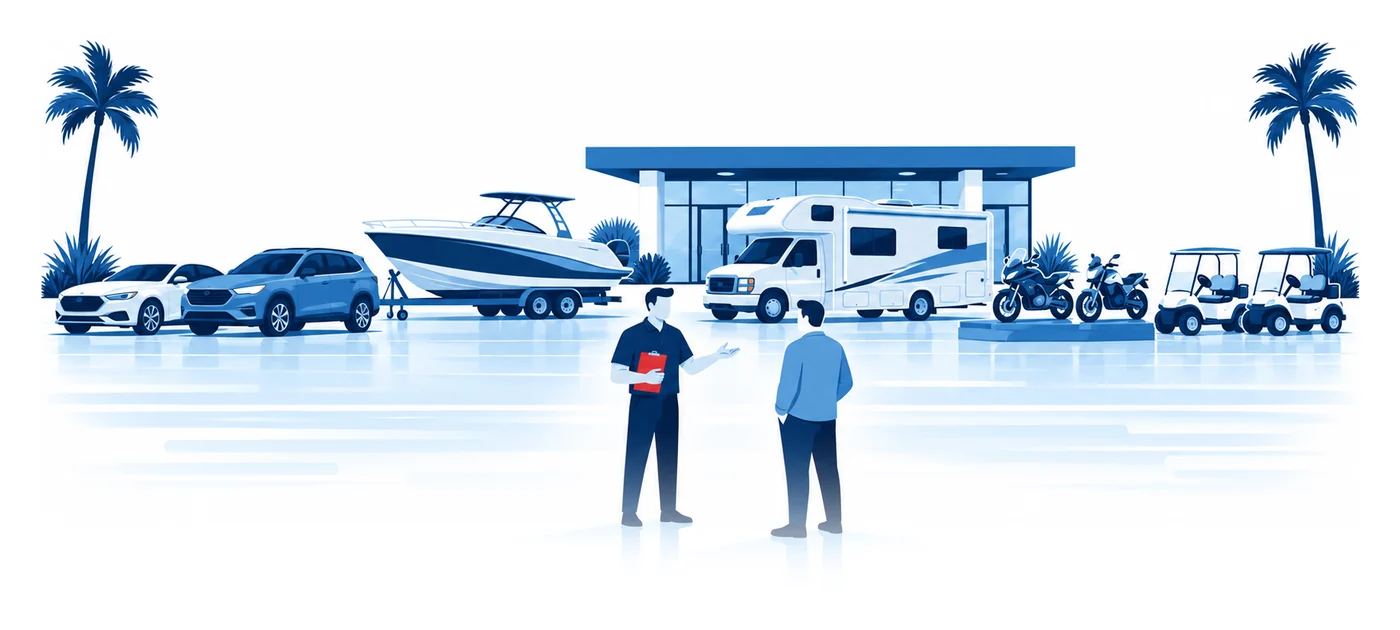 A Florida dealer lot with cars, a boat on its trailer, an RV, motorcycles and golf carts outside the showroom, a salesperson with a clipboard talking with a customer, flat vector garage insurance illustration