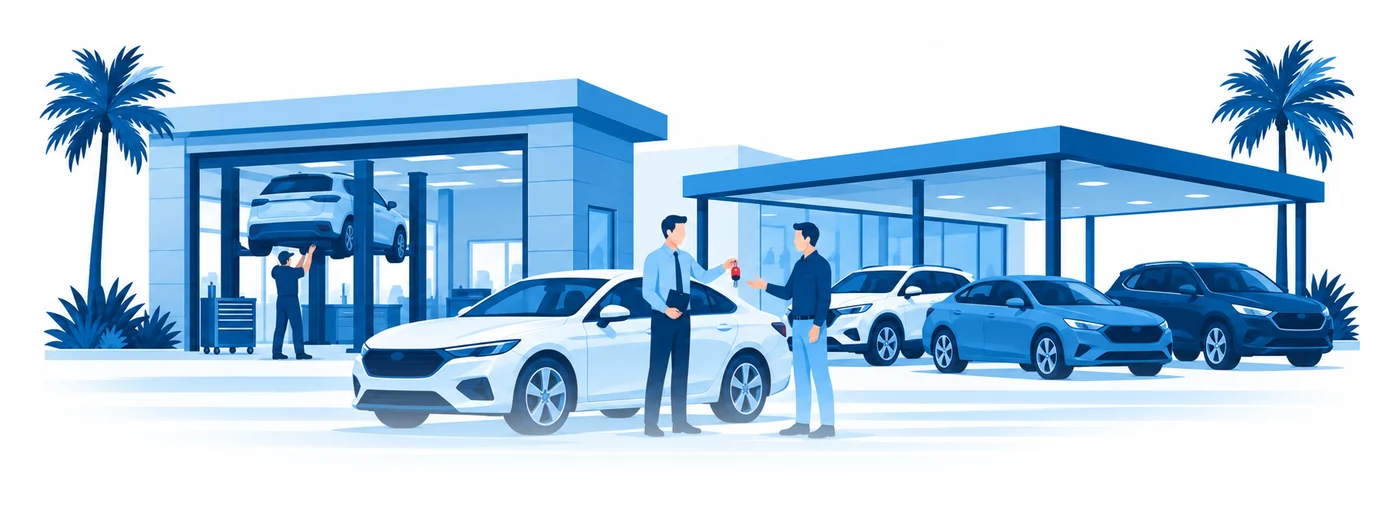 A Florida service garage with a car up on a lift next to a dealership lot, where a salesperson hands a customer the key for a test drive, flat vector garage liability insurance illustration