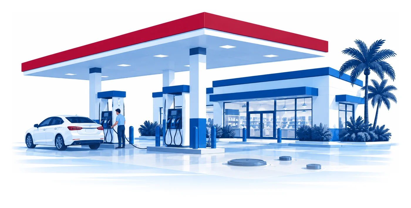 A driver fueling a car at a small Florida gas station with a canopy, pumps and a convenience store, flat vector gas station insurance illustration