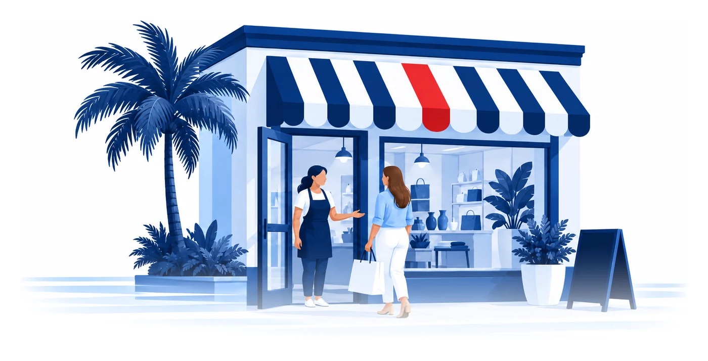 A shop owner greeting a customer at the door of a small Florida storefront, flat vector general liability insurance illustration