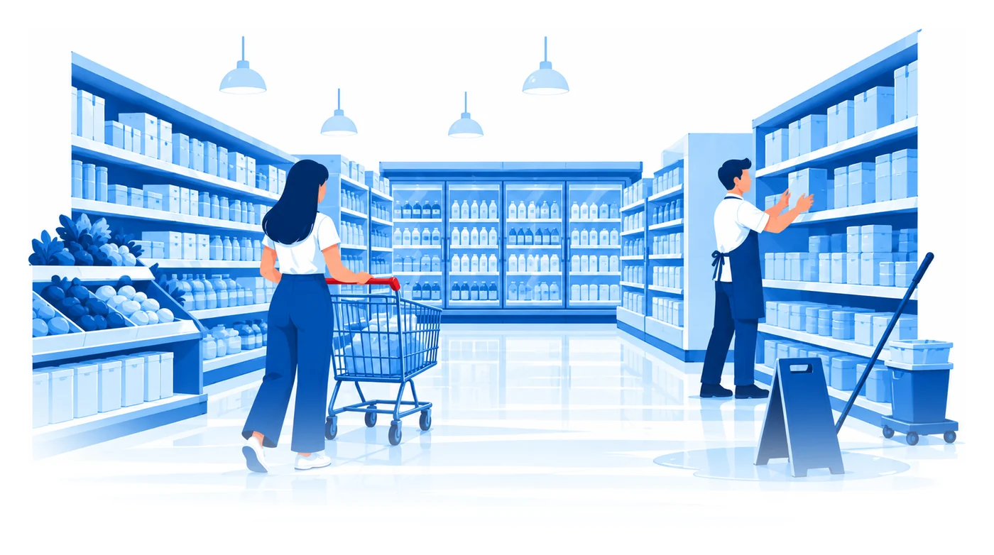 A shopper pushing a cart down a grocery aisle while an employee stocks shelves beside a wet-floor sign, flat vector grocery store insurance illustration