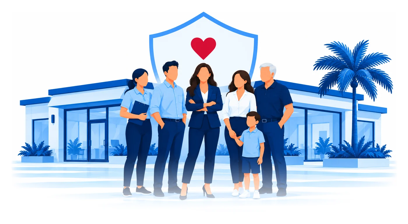 Un pequeño equipo de trabajo en Florida frente a su oficina bajo un escudo protector, ilustración vectorial del seguro de salud grupal