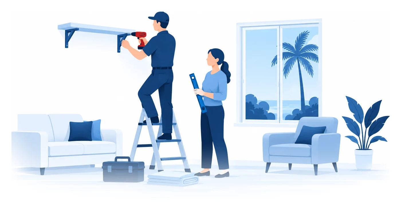A handyman on a step ladder fitting a shelf to a living room wall while the homeowner holds a level, flat vector handyman insurance illustration