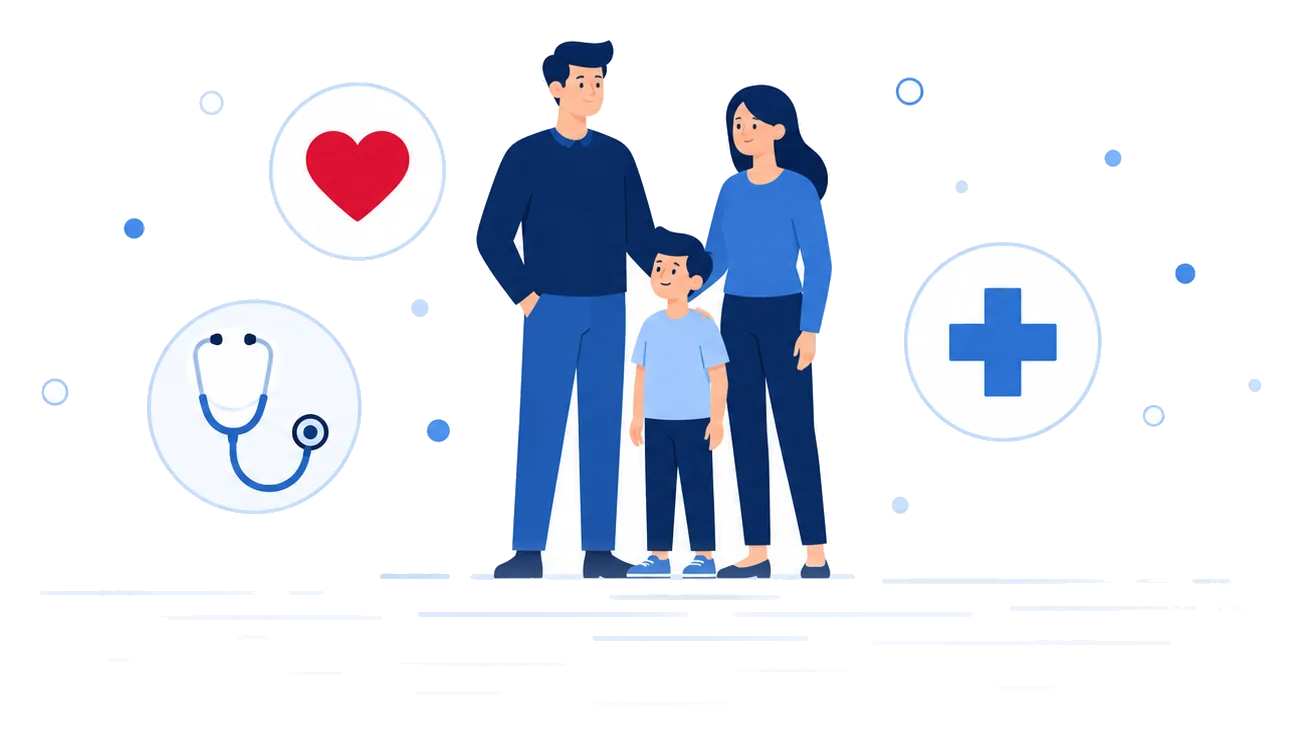 Florida family with heart, stethoscope, and medical cross emblems, flat vector health insurance illustration
