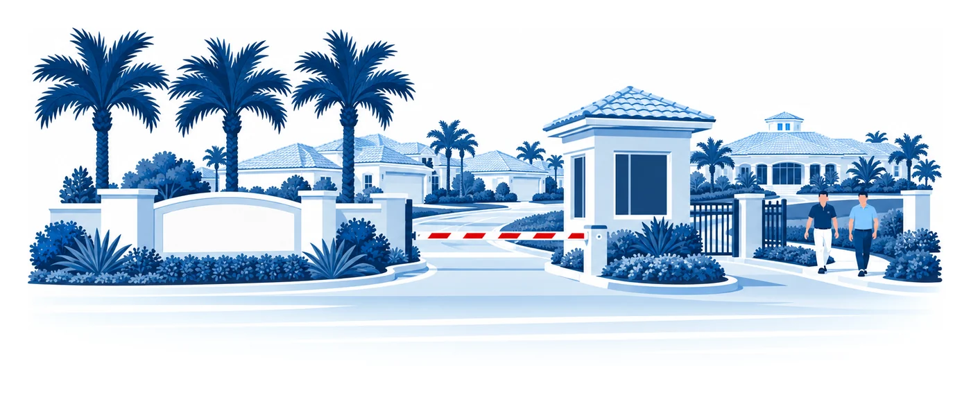 Two board members walking inside the gated entrance of a Florida homeowners community with a gatehouse and palms, flat vector HOA insurance illustration
