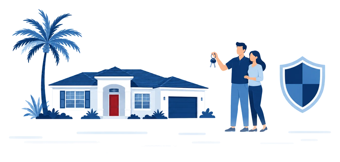 Casa de Florida con palma, pareja con llaves y escudo de protección en estilo vectorial plano