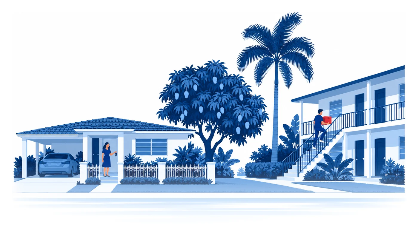 A homeowner with keys on the step of a Hialeah house beside a garden apartment building where a renter carries a box upstairs, flat vector illustration of homeowners and renters insurance in Hialeah