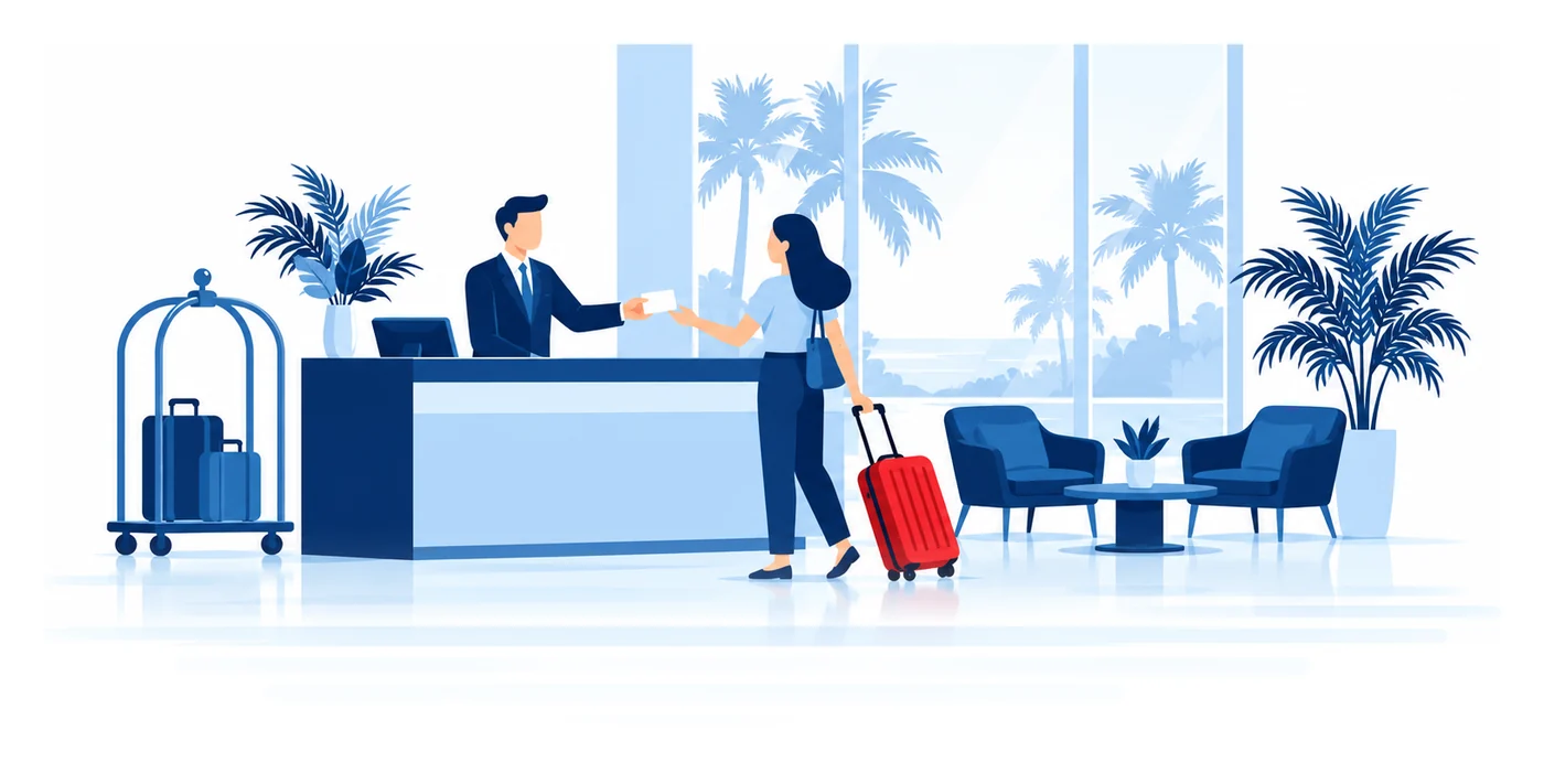 Un recepcionista entrega una tarjeta llave a una huésped con su maleta en el lobby de un hotel pequeño, ilustración vectorial del seguro para hoteles y moteles