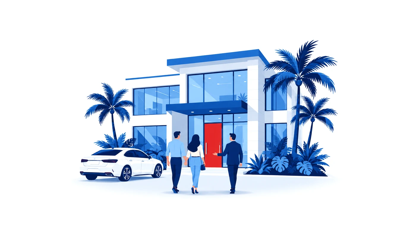 Una pareja y un dueño de negocio caminan hacia una moderna oficina de seguros en el sur de Florida, con palmeras y un auto estacionado al frente.