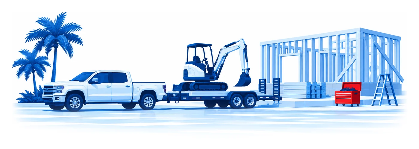 Una camioneta remolca una miniexcavadora junto a una obra en Florida con una caja de herramientas abierta, ilustración vectorial del seguro inland marine
