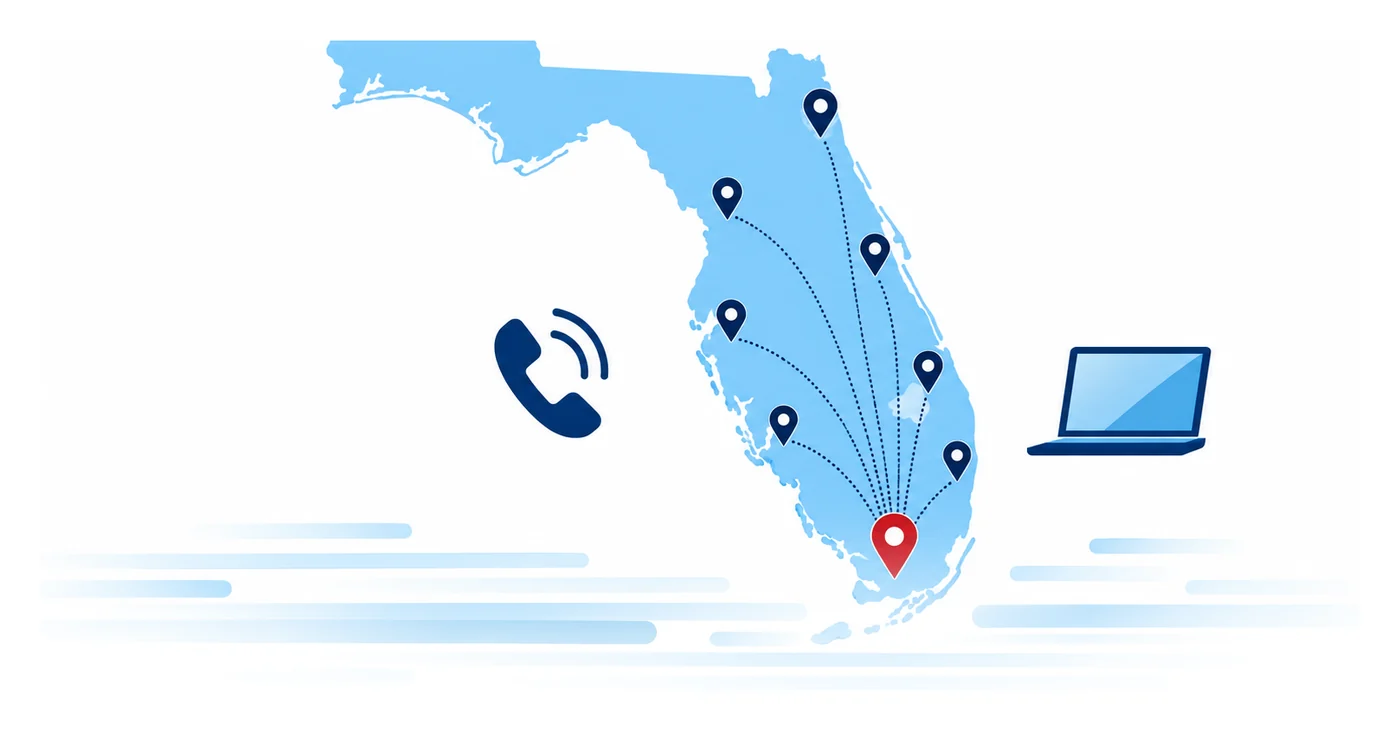 Map of Florida with location pins linked by dotted lines to one office pin in South Florida, flat vector illustration for an insurance agency near me