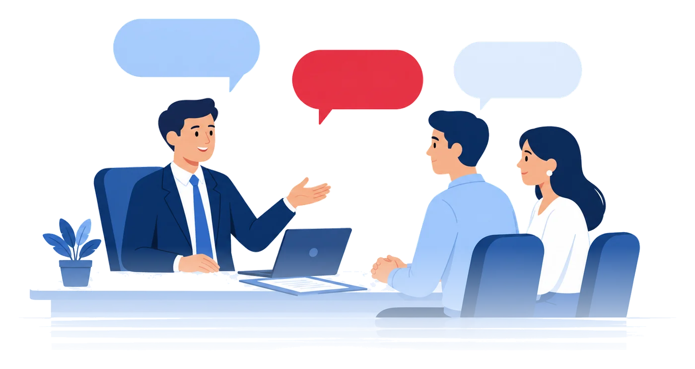 Insurance agent answering a Florida family's questions, with speech bubbles above the conversation.