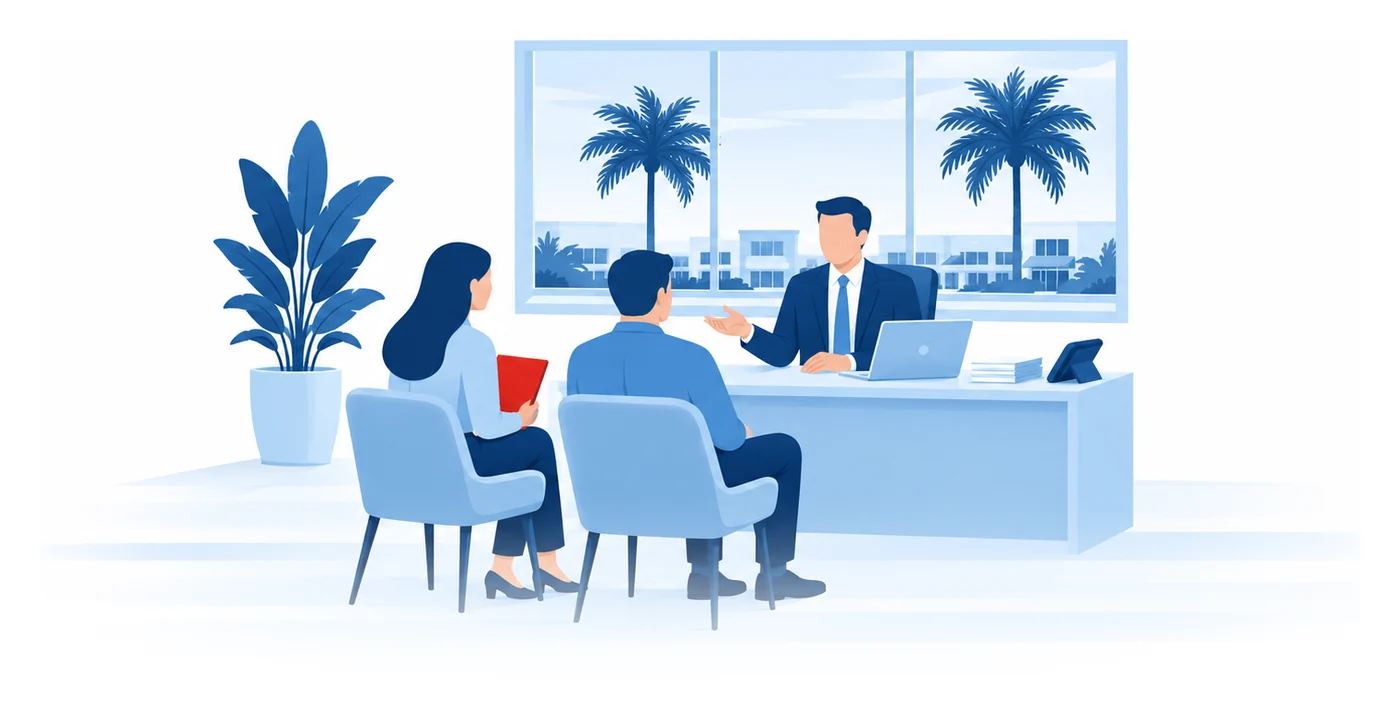 An insurance agent at a desk meets a couple holding a folder in a bright Kendall office with palms outside the window, flat vector illustration of a Kendall FL insurance agency
