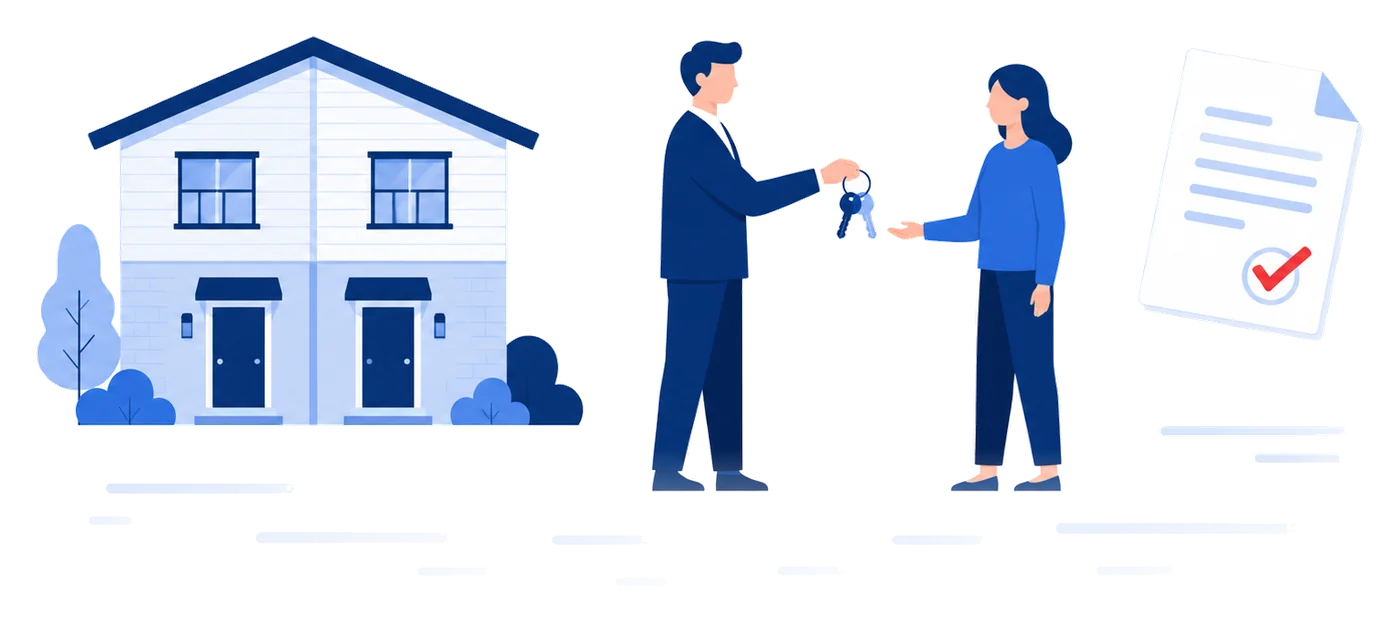 Propietario entregando llaves a un inquilino junto a un dúplex de alquiler, ilustración vectorial