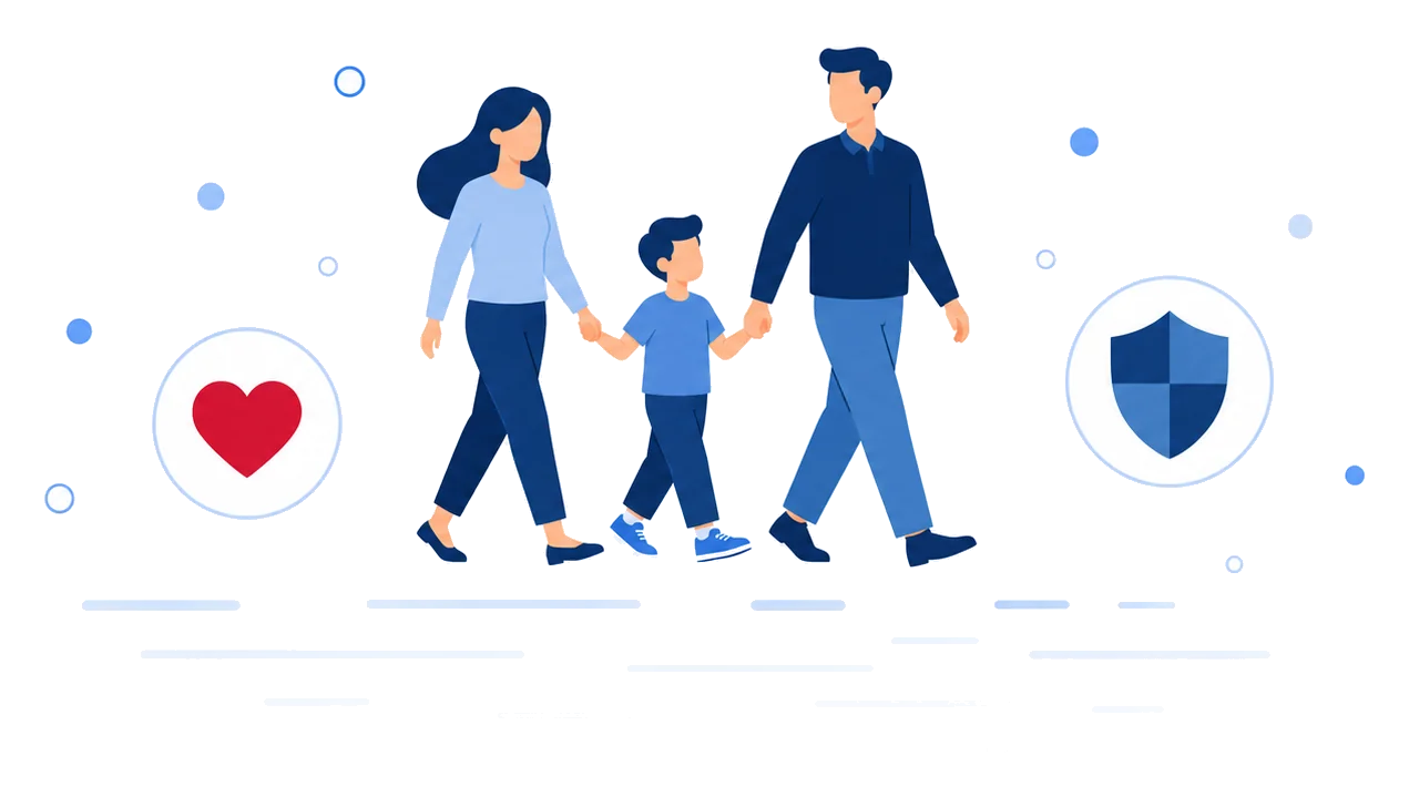 Family of three walking hand in hand with heart and shield emblems, flat vector life insurance illustration