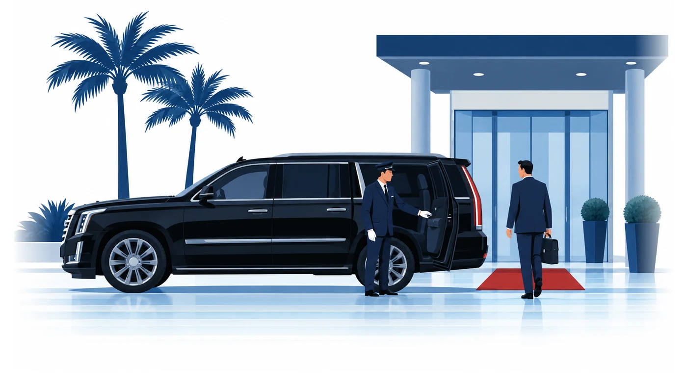 Un chofer abriendo la puerta de un black car en el pórtico de un hotel en Florida, ilustración vectorial del seguro de limosinas